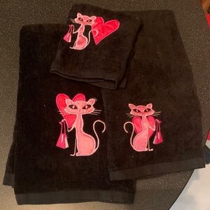 NEW- Black Towels with Pink Cat Design